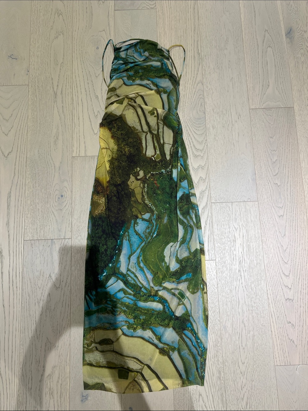 Zara Strapless Marble-Print Maxi Dress in Green, Blue & Cream